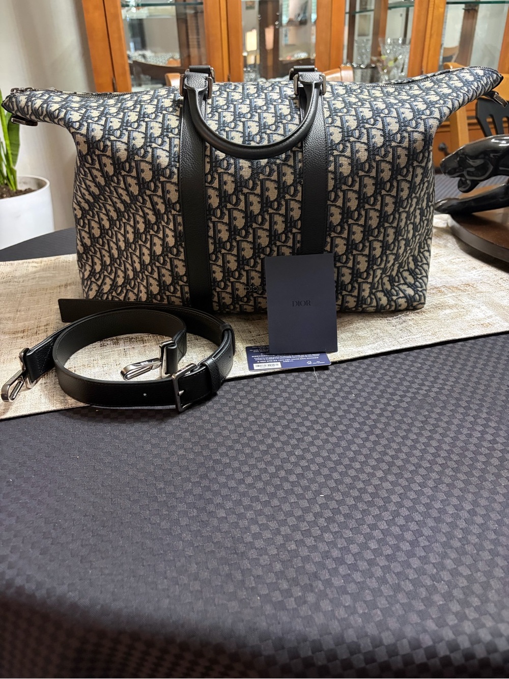 Dior Oblique Canvas Duffel in Navy and Cream with Black Leather Trim